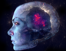 blue head with glowing pink brain