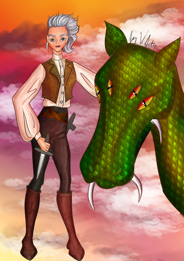 An old lady in leathers with short hair holding a dagger standing next to a green four-eyed dragon